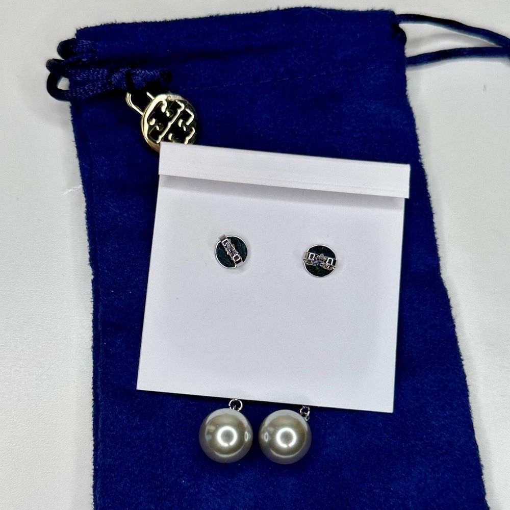 Tory Burch Silver Logo Dangle Pearl Drop Earrings - Elegant Minimalist Jewelry - Picture 3 of 6